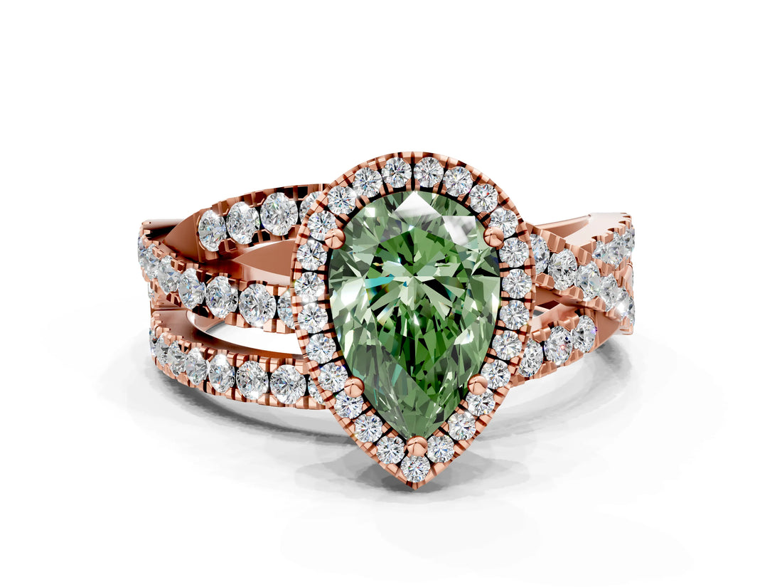 Rose gold Fancy Green Pear Cut Diamond Halo Ring with Round Split Shank and Prong Setting_36