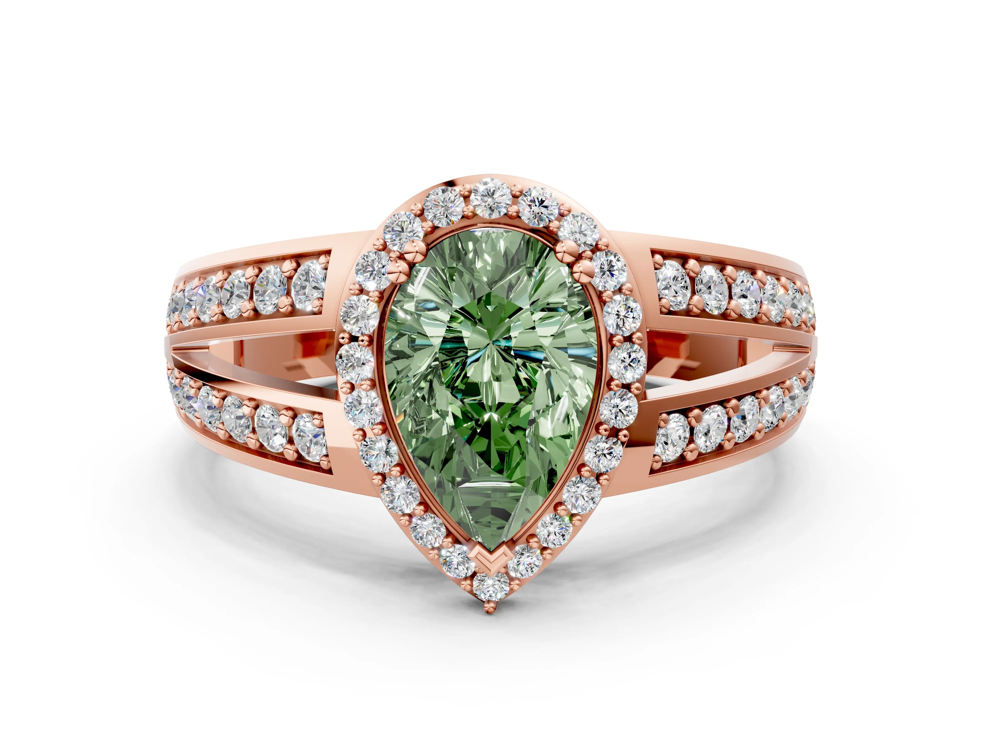 Rose gold Fancy Green Pear Cut Diamond Halo Ring with Split Shank Pavé Band and Four-Prong Setting