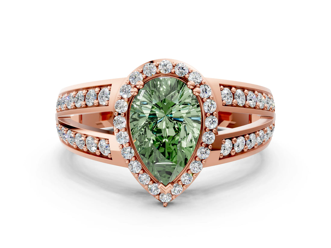 Rose gold Fancy Green Pear Cut Diamond Halo Ring with Split Shank Pavé Band and Four-Prong Setting