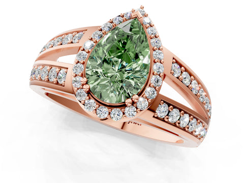 Rose gold Fancy Green Pear Cut Diamond Halo Ring with Split Shank Pavé Band and Four-Prong Setting_1