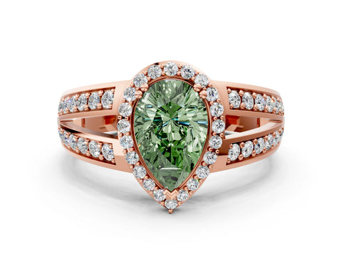 Rose gold Fancy Green Pear Cut Diamond Halo Ring with Split Shank Pavé Band and Four-Prong Setting
