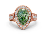 Rose gold Fancy Green Pear Cut Diamond Halo Ring with Split Shank and Bezel Accents and Prong Setting