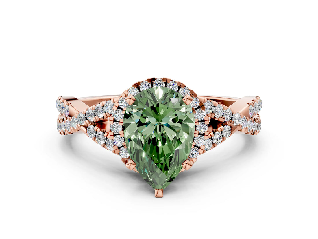 Rose gold Fancy Green Pear Cut Diamond  Halo Twist Band Solitaire Prong Setting Ring_36