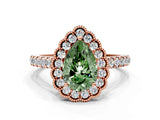 Rose gold Fancy Green Pear  Cut Diamond Milgrain Floral Halo Engagement Ring with Pavé Band_15