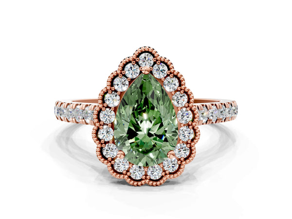 Rose gold Fancy Green Pear  Cut Diamond Milgrain Floral Halo Engagement Ring with Pavé Band