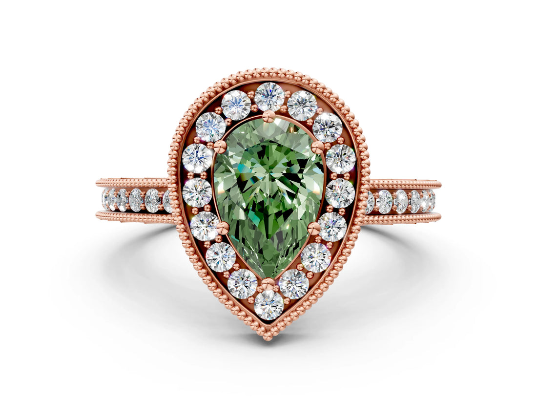 Rose gold Fancy Green Pear Cut Diamond Milgrain Halo Engagement Ring with Round Pavé Band and Prong Setting_12