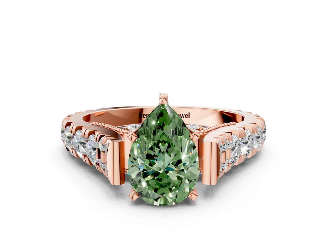Rose gold Fancy Green Pear  Cut Diamond Pavé Band Solitaire with Four-Prong Setting_15