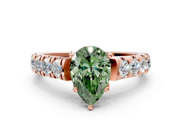 Rose gold Fancy Green Pear  Cut Diamond Solitaire Ring with Micro Pave Band and Prong Setting