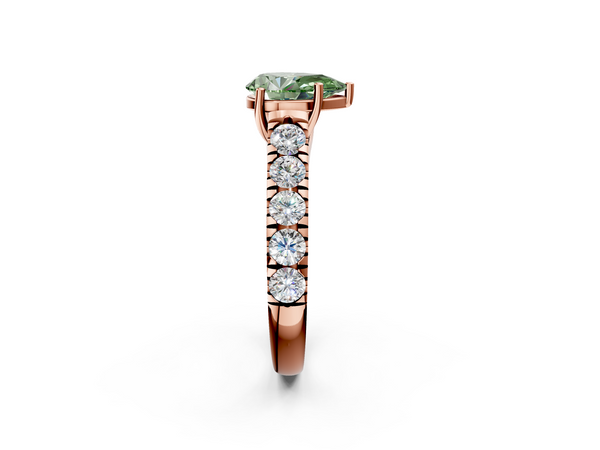 Rose gold Fancy Green Pear  Cut Diamond Solitaire Ring with Micro Pave Band and Prong Setting