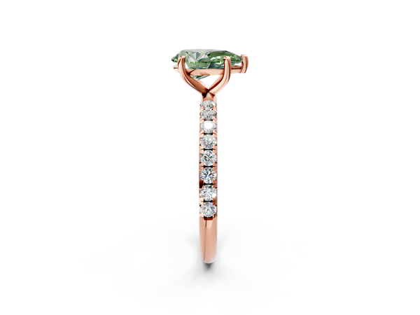 Rose gold Fancy Green Pear  Cut Diamond Solitaire Ring with Micro Pave Band and Four Prong Setting
