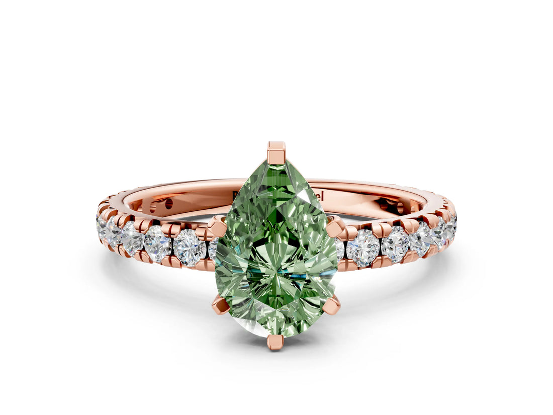 Rose gold Fancy Green Pear Cut Diamond Pavé Solitaire Ring with Round Band and Prong Setting_12