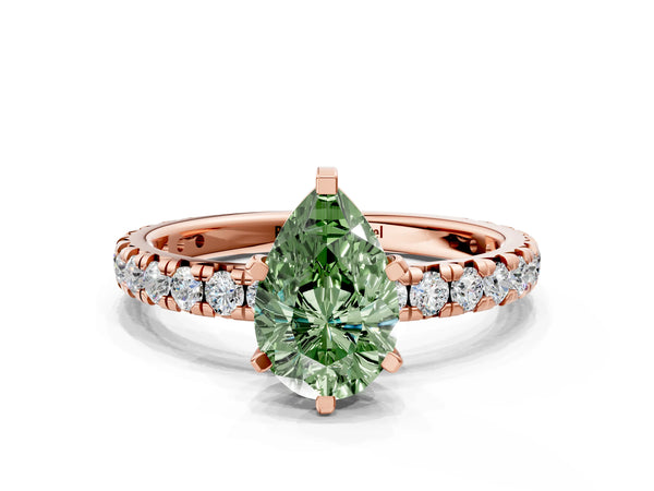 Rose Gold Pear-Shaped Solitaire Engagement Ring Setting for Fancy Green Center with Shared Prong Pave Band