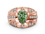 Rose gold Fancy Green Pear Cut Diamond Pave Art Deco Split Shank Ring with Four-Prong Setting