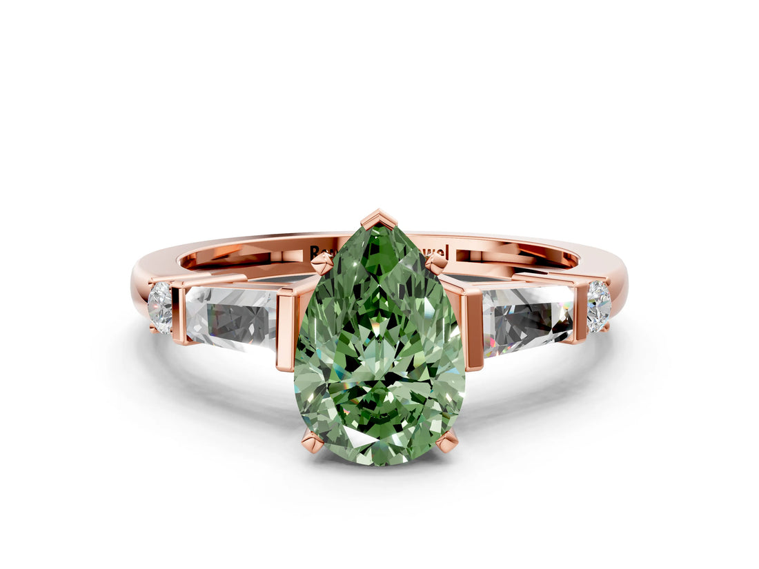Rose gold Fancy Green Pear  Cut Diamond Ring with Baguette Side Stones, Channel Set Band, and Four-Prong Setting_24