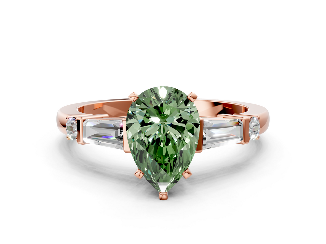 Rose gold Fancy Green Pear  Cut Diamond Ring with Baguette Side Stones, Channel Set Band, and Four-Prong Setting_3