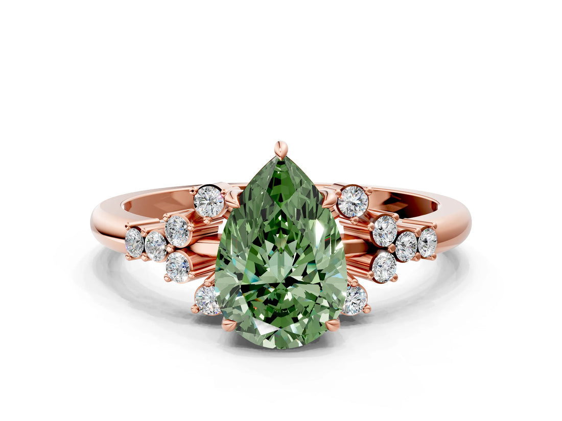 Rose gold Fancy Green Pear Cut Diamond Ring with Side Stones and Four-Prong Setting_133