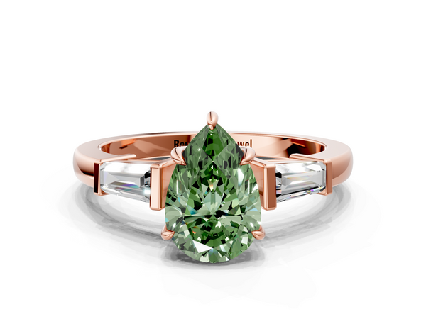 Rose gold Fancy Green Pear  Cut Diamond Ring with Tapered Baguette Side Stones in Four-Prong Setting