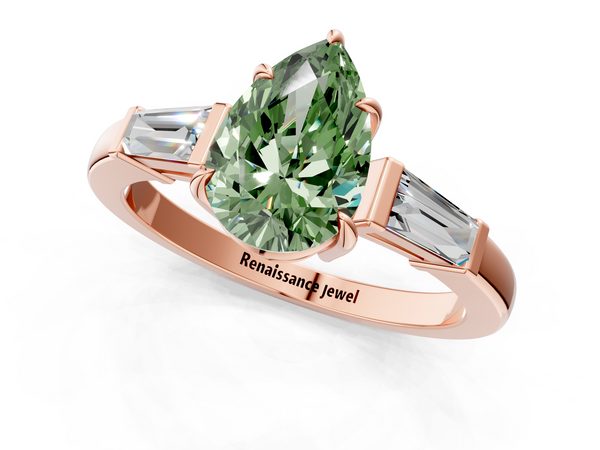 Rose gold Fancy Green Pear  Cut Diamond Ring with Tapered Baguette Side Stones in Four-Prong Setting