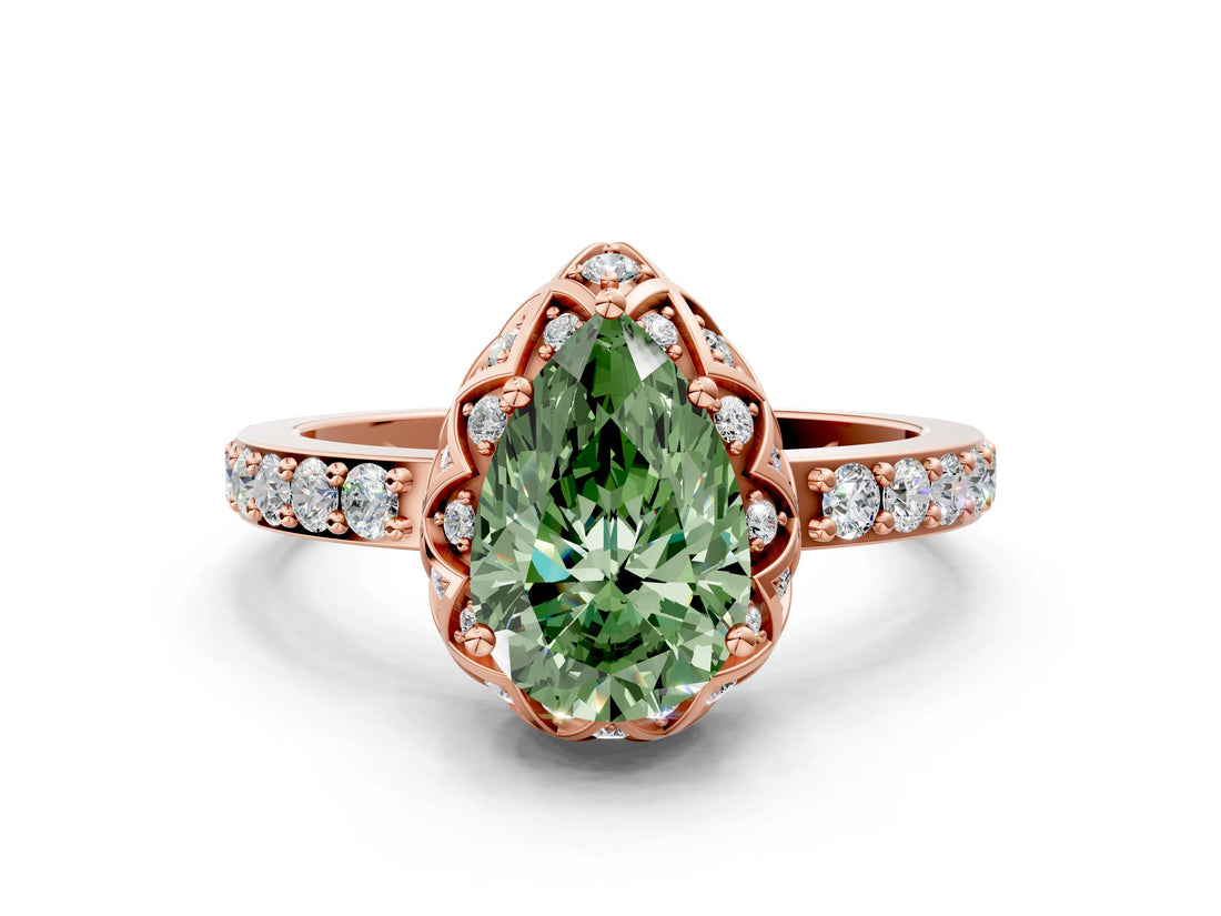 Rose gold Fancy Green Pear Cut Diamond Scalloped Halo Engagement Ring with Round Shared Prong Band_12