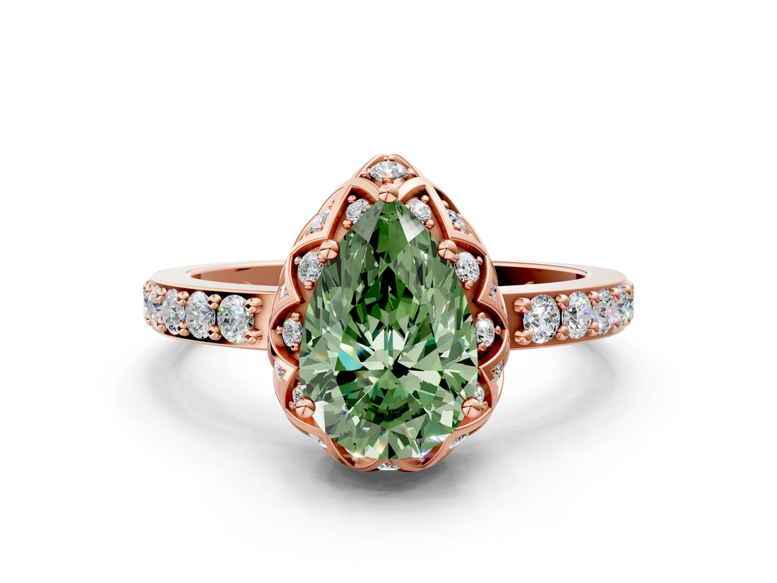 Rose gold Fancy Green Pear Cut Diamond Scalloped Halo Engagement Ring with Round Shared Prong Band_24