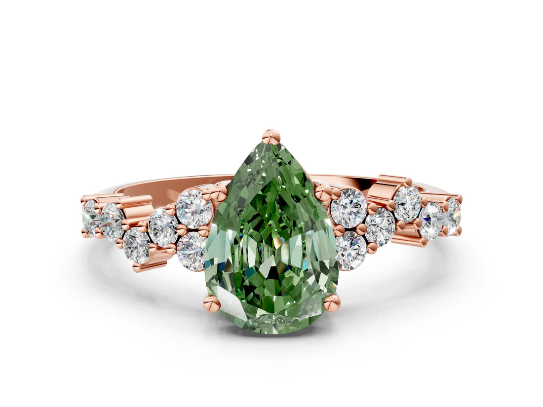 Rose gold Fancy Green Pear Cut Diamond Scattered Round Accent Ring with Prong Setting_12