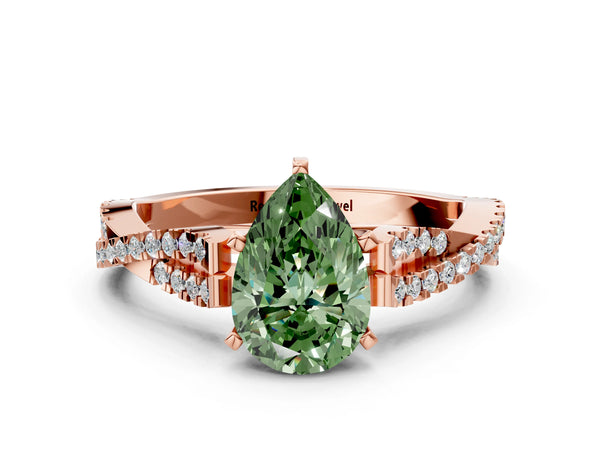Rose gold Fancy Green Pear Cut Diamond Solitaire Engagement Ring with Twisted Pavé Band and Four-Prong Setting