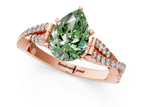 Rose gold Fancy Green Pear Cut Diamond Solitaire Engagement Ring with Twisted Pavé Band and Four-Prong Setting