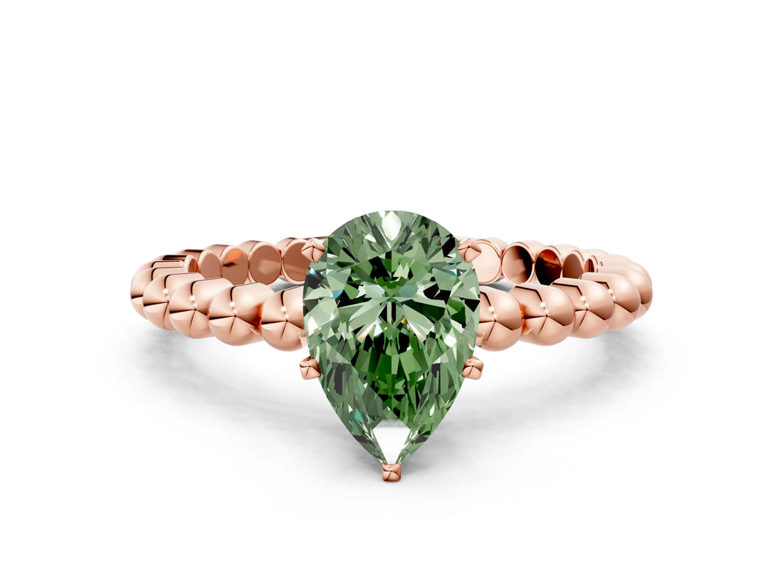Rose gold Fancy Green Pear Cut Diamond Solitaire Ring with Beaded Band and Prong Setting_284
