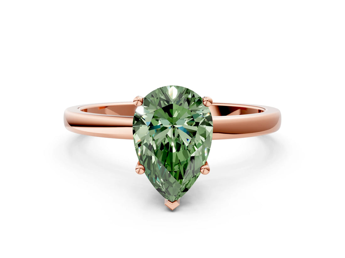 Rose gold Fancy Green Pear Cut Diamond Solitaire Ring with Classic Band and Four-Prong Setting