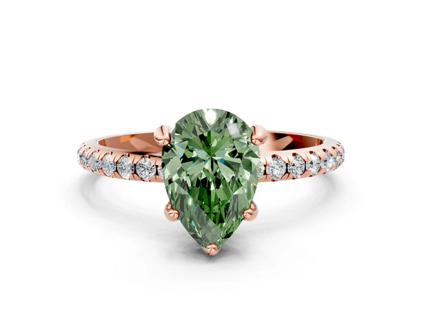Rose gold Fancy Green Pear Cut Diamond Solitaire Ring with Four-Prong Setting and Pavé Band