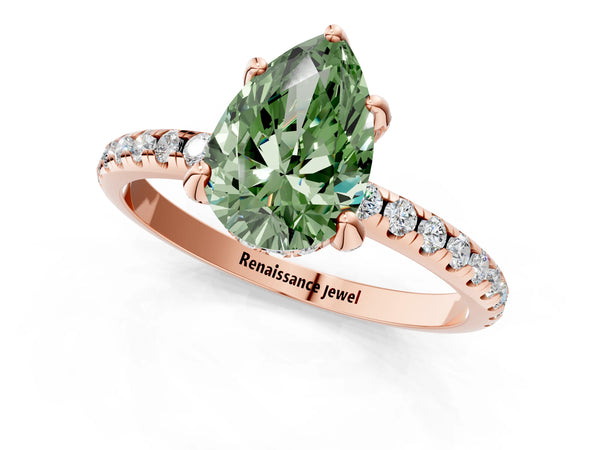 Rose gold Fancy Green Pear Cut Diamond Solitaire Ring with Four-Prong Setting and Pavé Band