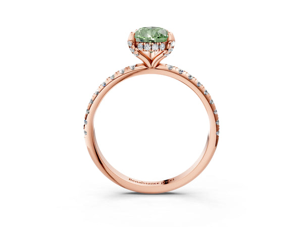 Rose gold Fancy Green Pear Cut Diamond Solitaire Ring with Four-Prong Setting and Pavé Band