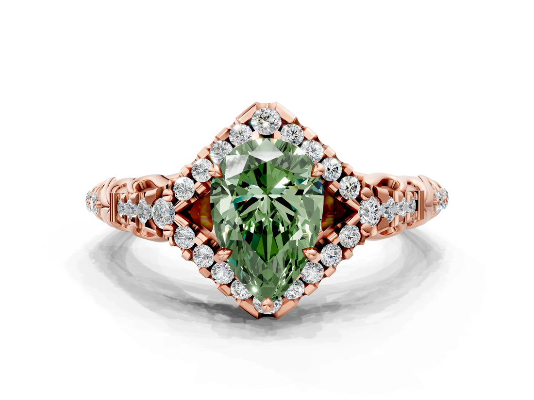 Rose gold Fancy Green Pear Cut Diamond Solitaire Ring with Hidden Halo and Pavé Band_27