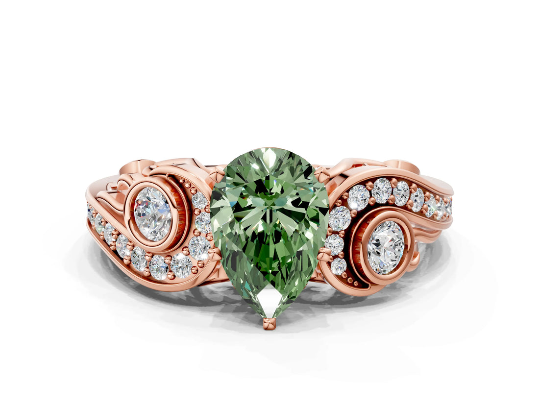 Rose gold Fancy Green Pear Cut Diamond Solitaire Ring with Milgrain Pavé Band and Four-Prong Setting_171