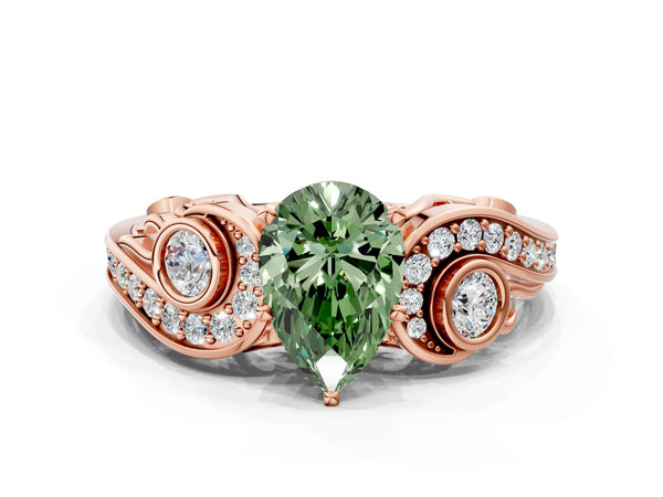 Rose gold Fancy Green Pear Cut Diamond Solitaire Ring with Milgrain Pavé Band and Four-Prong Setting