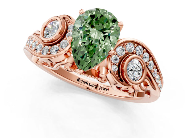 Rose gold Fancy Green Pear Cut Diamond Solitaire Ring with Milgrain Pavé Band and Four-Prong Setting