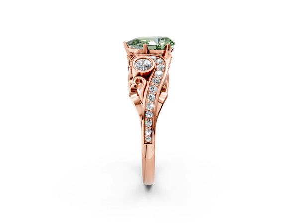 Rose gold Fancy Green Pear Cut Diamond Solitaire Ring with Milgrain Pavé Band and Four-Prong Setting