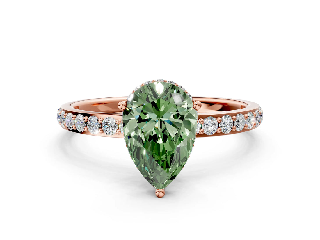 Rose gold Fancy Green Pear Cut Diamond Solitaire Ring with Pavé Band and Hidden Halo_20