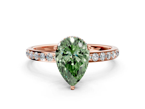 Rose gold Fancy Green Pear Cut Diamond Solitaire Ring with Pavé Band and Hidden Halo