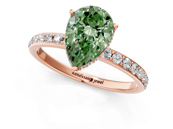 Rose gold Fancy Green Pear Cut Diamond Solitaire Ring with Pavé Band and Hidden Halo