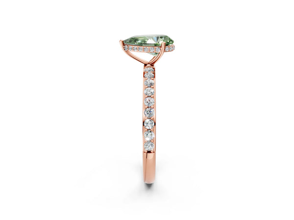 Rose gold Fancy Green Pear Cut Diamond Solitaire Ring with Pavé Band and Hidden Halo