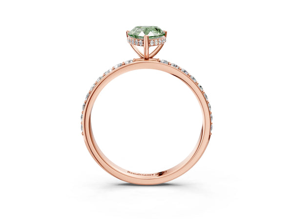 Rose gold Fancy Green Pear Cut Diamond Solitaire Ring with Pavé Band and Hidden Halo