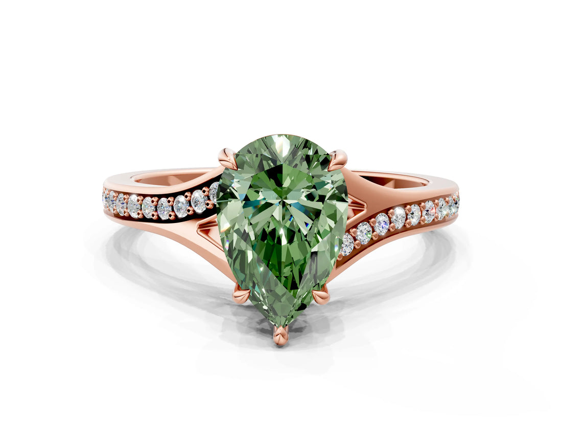 Rose gold Fancy Green Pear Cut Diamond Solitaire Ring with Pavé Band and Prong Setting_12