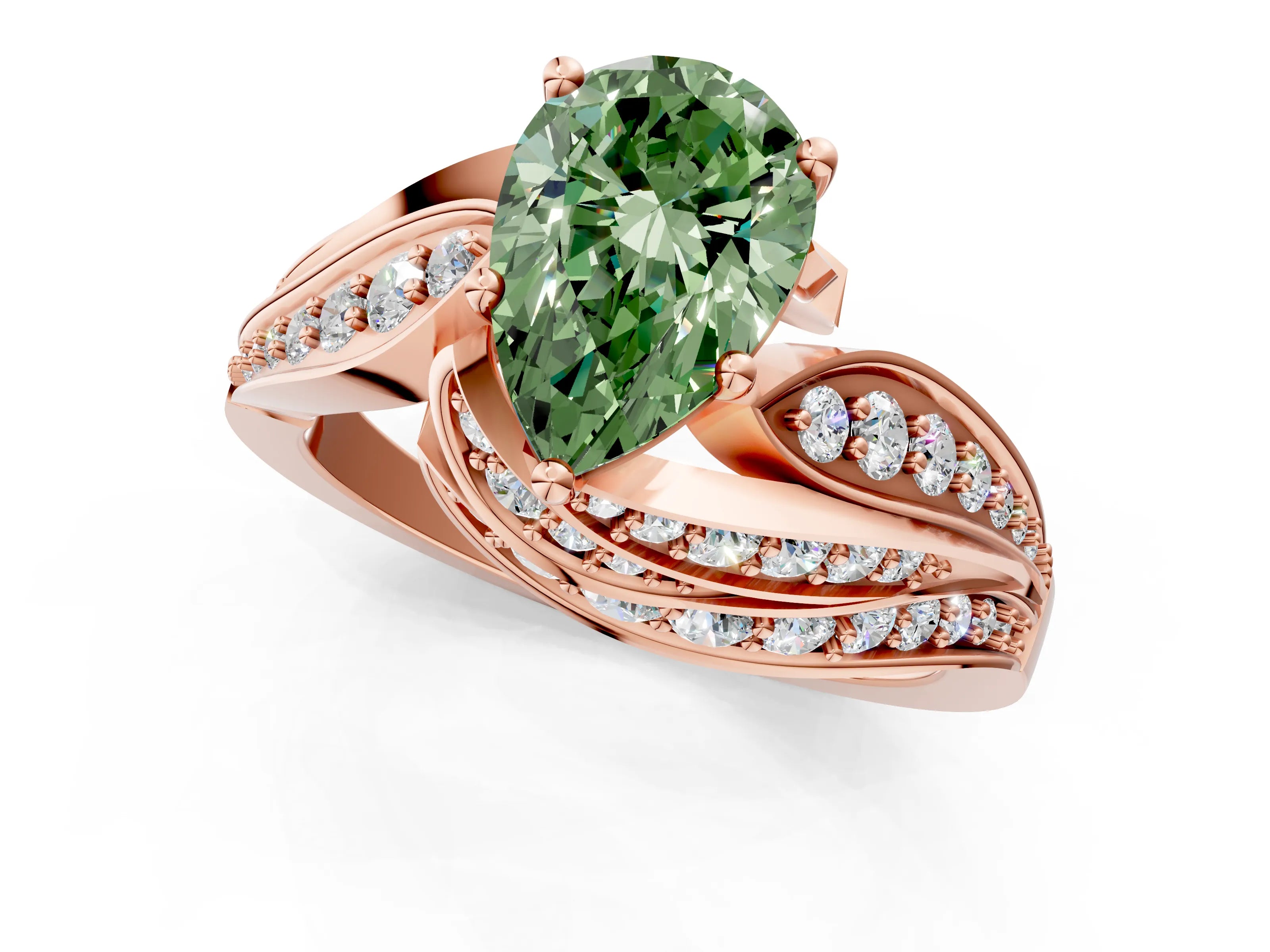 Rose gold Fancy Green Pear Cut Diamond Solitaire Ring with Prong Setting and Twisted Pavé Band_1