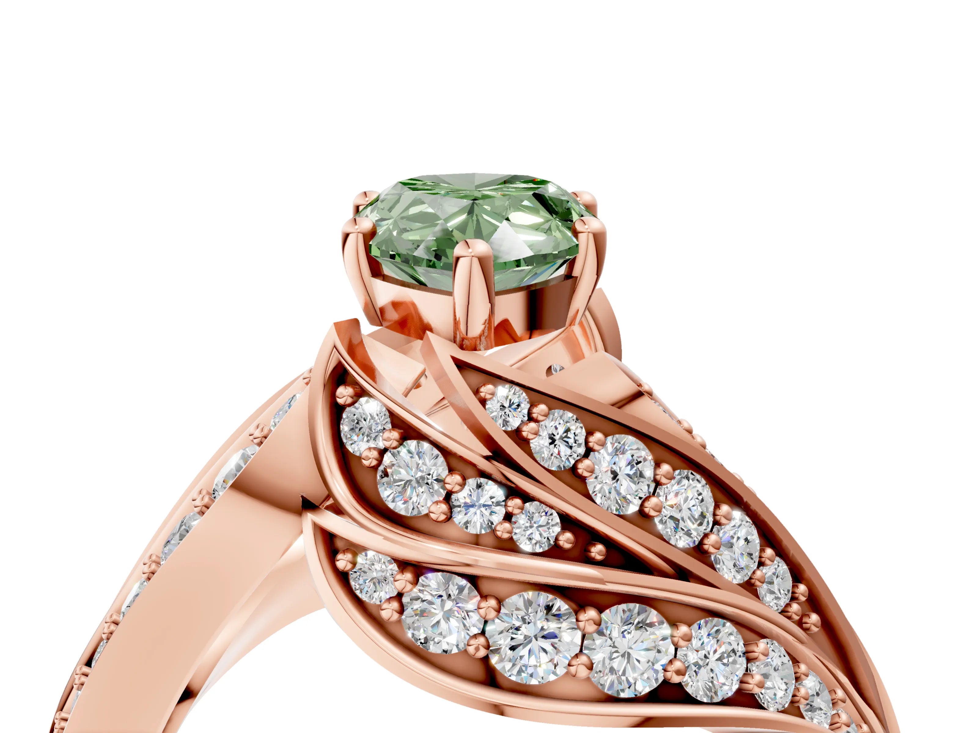 Rose gold Fancy Green Pear Cut Diamond Solitaire Ring with Prong Setting and Twisted Pavé Band_4