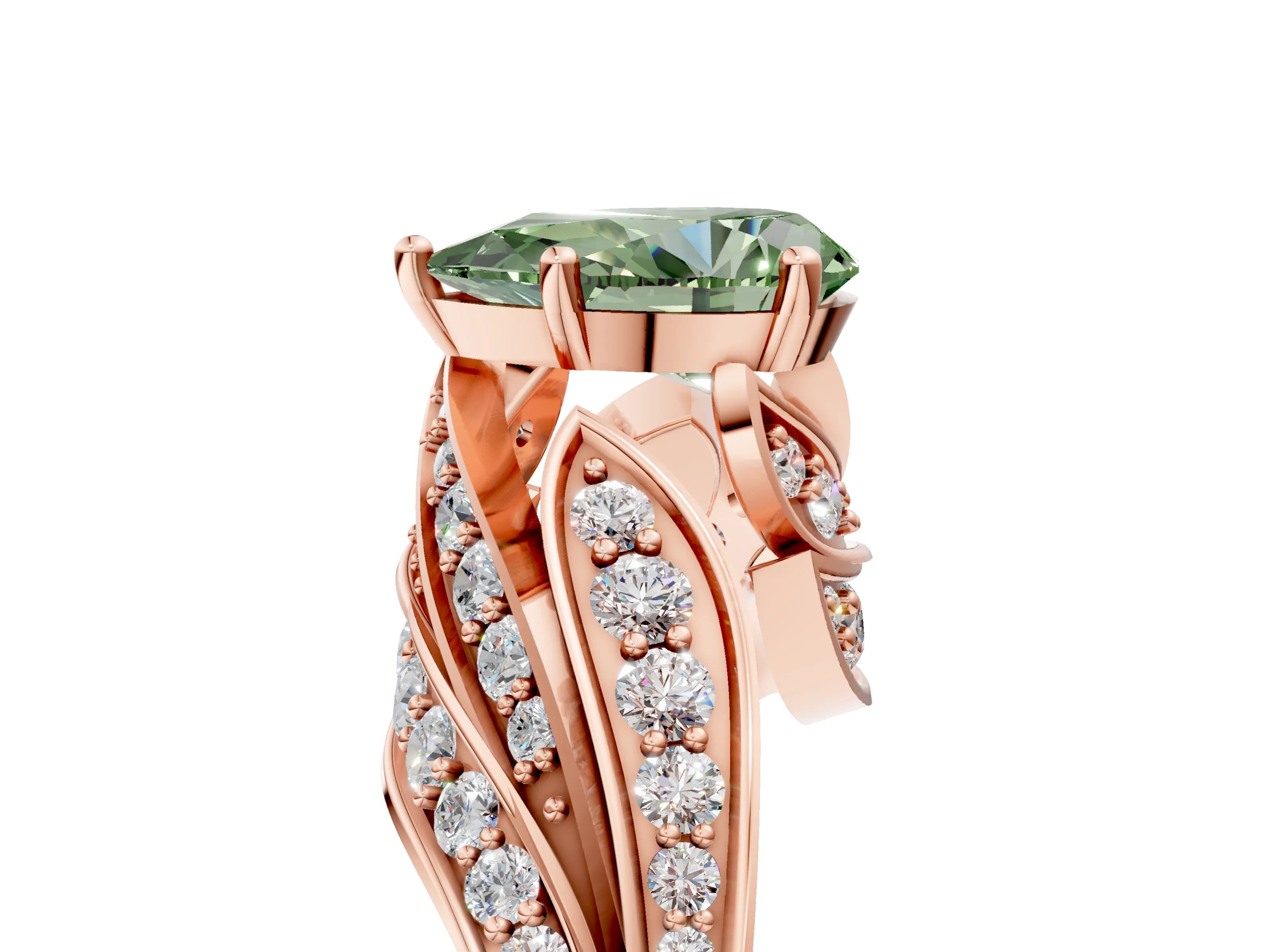 Rose gold Fancy Green Pear Cut Diamond Solitaire Ring with Prong Setting and Twisted Pavé Band_5