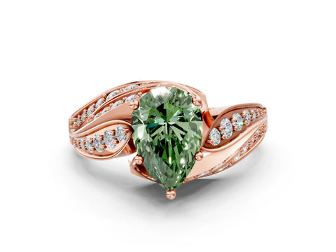 Rose gold Fancy Green Pear Cut Diamond Solitaire Ring with Prong Setting and Twisted Pavé Band