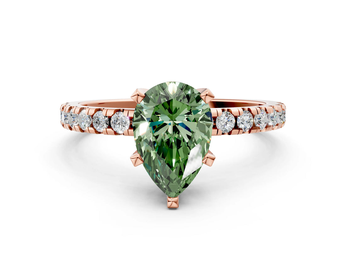 Rose gold Fancy Green Pear Cut Diamond Solitaire Ring with Round  Pavé Band and Four-Prong Setting_36