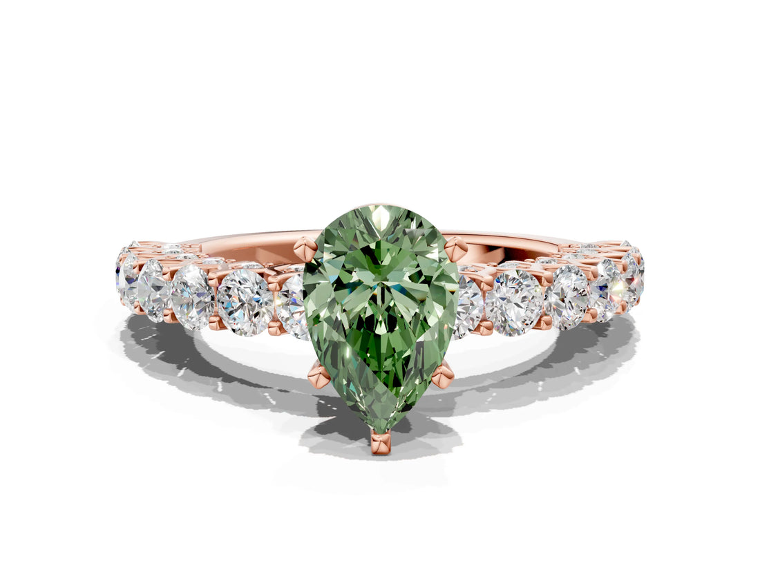 Rose gold Fancy Green Pear Cut Diamond Solitaire Ring with Shared Prong Pavé Band and Four-Prong Setting_58