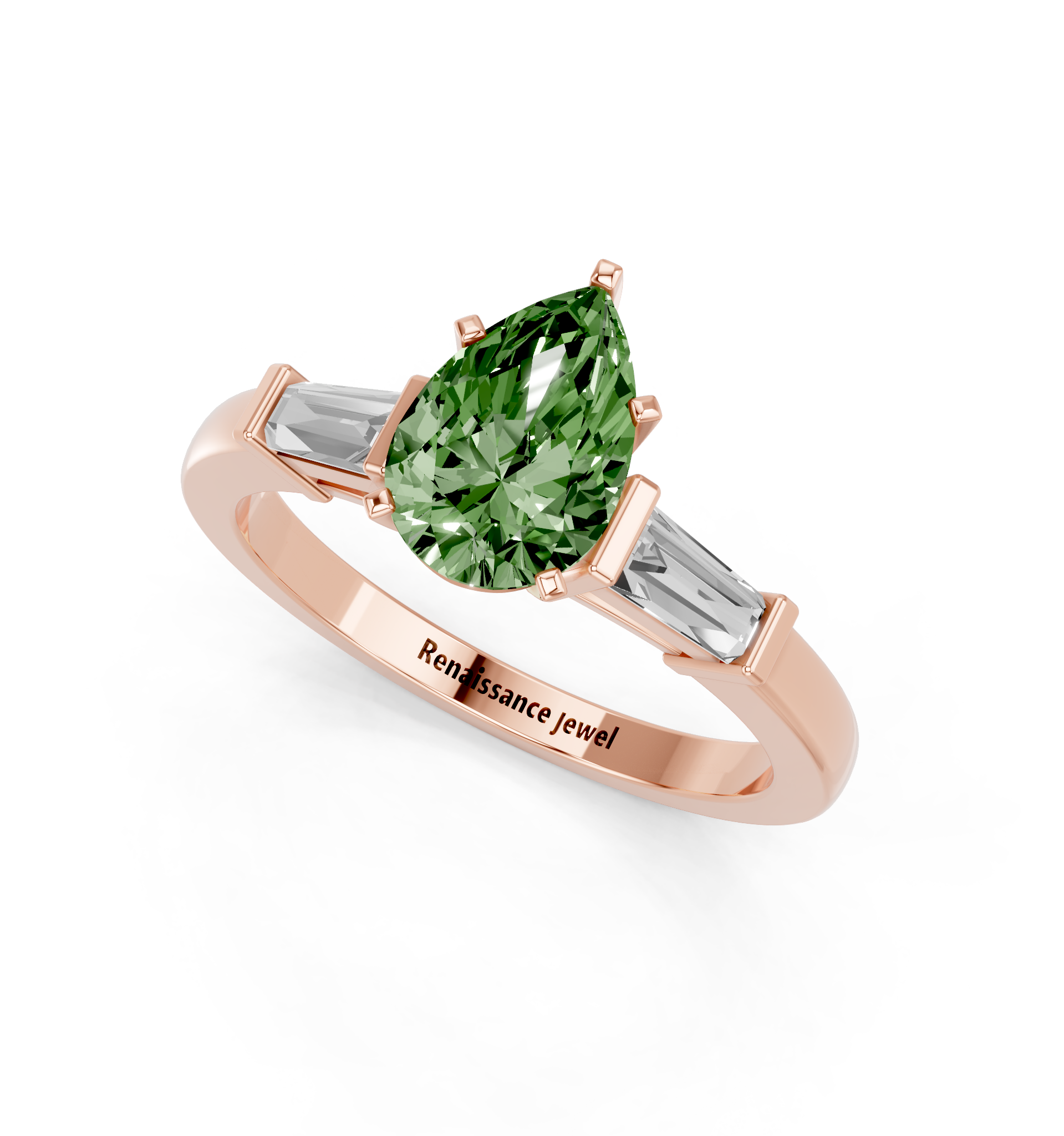 Rose gold Fancy Green Pear  Cut Diamond Solitaire Ring with Tapered Baguette Accents and Four-Prong Setting_3